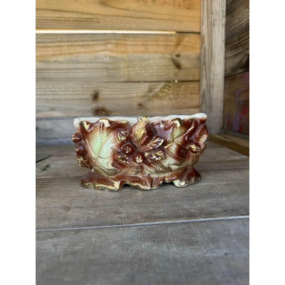 Vintage 40s-50s Ceramic Planter Vase Pomegranate And Leaves Gold Accents Crazing